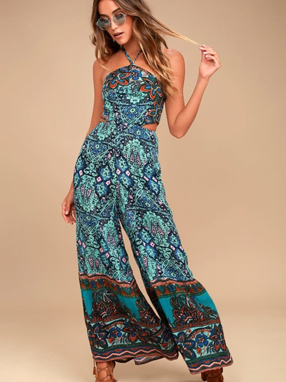 Free People Maribelle Navy Blue Print Jumpsuit